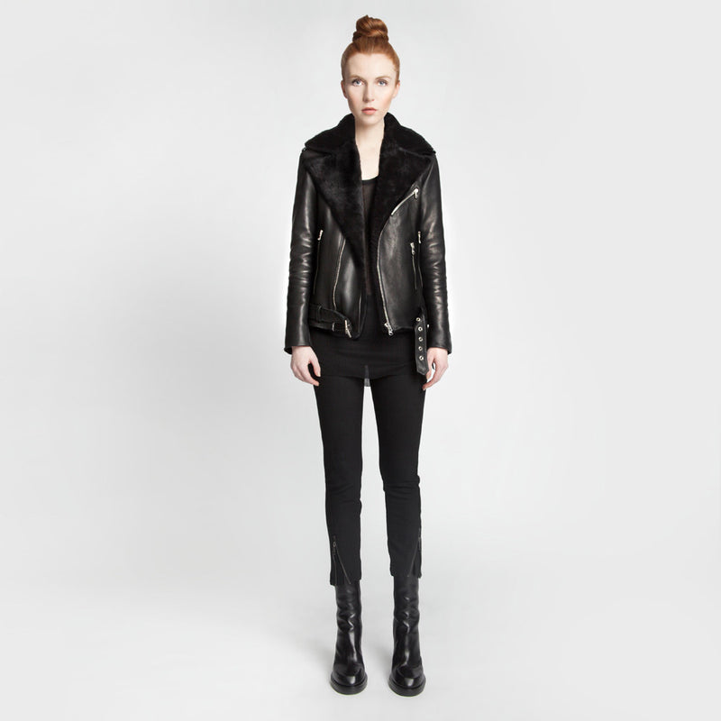 The Yoko leather jacket with Merino Sheepskin by the namesake designer Rosa Halpern.